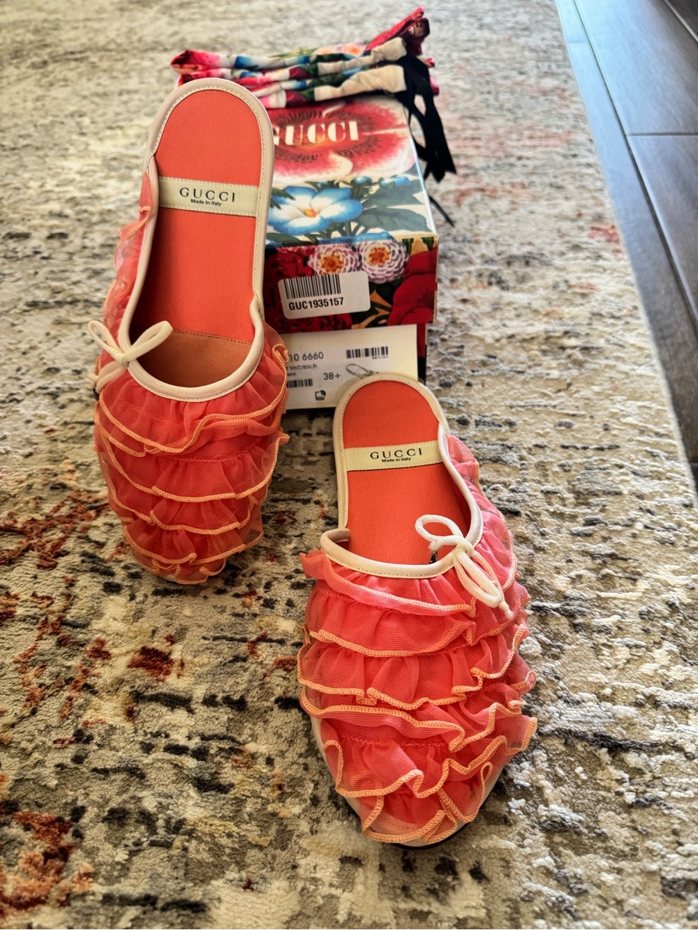 Gucci Coral Pink Ruffle Slide Mules